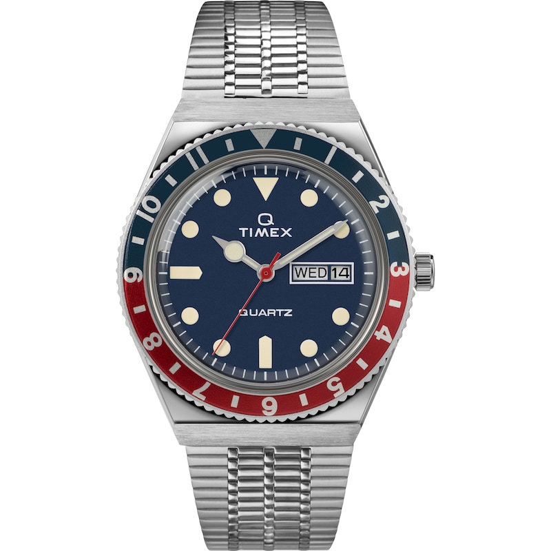 Main Image 1 of Timex Q Diver Inspired Reissue Luminescent Blue & Red Case Woven Stainless Steel Bracelet Watch