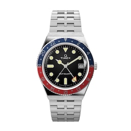 Timex Q GMT Men's Black Dial & Rotating Red & Blue Bezel Stainless Steel Bracelet Watch