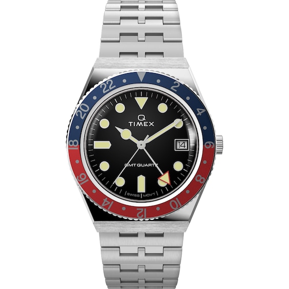 Timex Q GMT Men's Black Dial & Rotating Red & Blue Bezel Stainless Steel Bracelet Watch