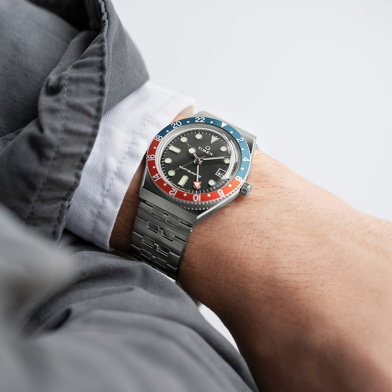 Main Image 2 of Timex Q GMT Men's Black Dial & Rotating Red & Blue Bezel Stainless Steel Bracelet Watch