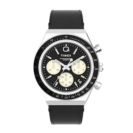 Timex Q Diver Inspired Chronograph Black Dial & Black Leather Strap Watch
