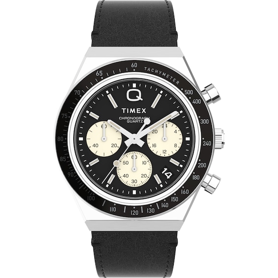 Timex Q Diver Inspired Chronograph Black Dial & Black Leather Strap Watch