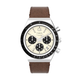 Timex Q Diver Inspired Chronograph Cream Dial & Brown Leather Strap Watch