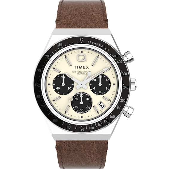 Timex Q Diver Inspired Chronograph Cream Dial & Brown Leather Strap Watch