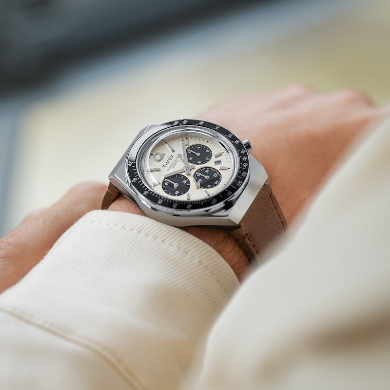 Main Image 2 of Timex Q Diver Inspired Chronograph Cream Dial & Brown Leather Strap Watch