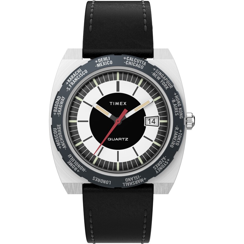 Main Image 1 of Timex World Time Reissue Black Dial & Black Leather Strap Watch