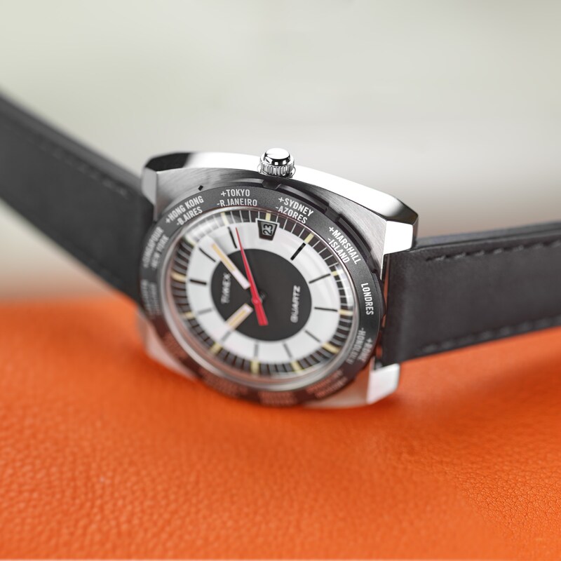 Main Image 2 of Timex World Time Reissue Black Dial & Black Leather Strap Watch