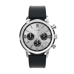 Timex Marlin Quartz Chronograph Silver Dial Black Leather Strap Watch