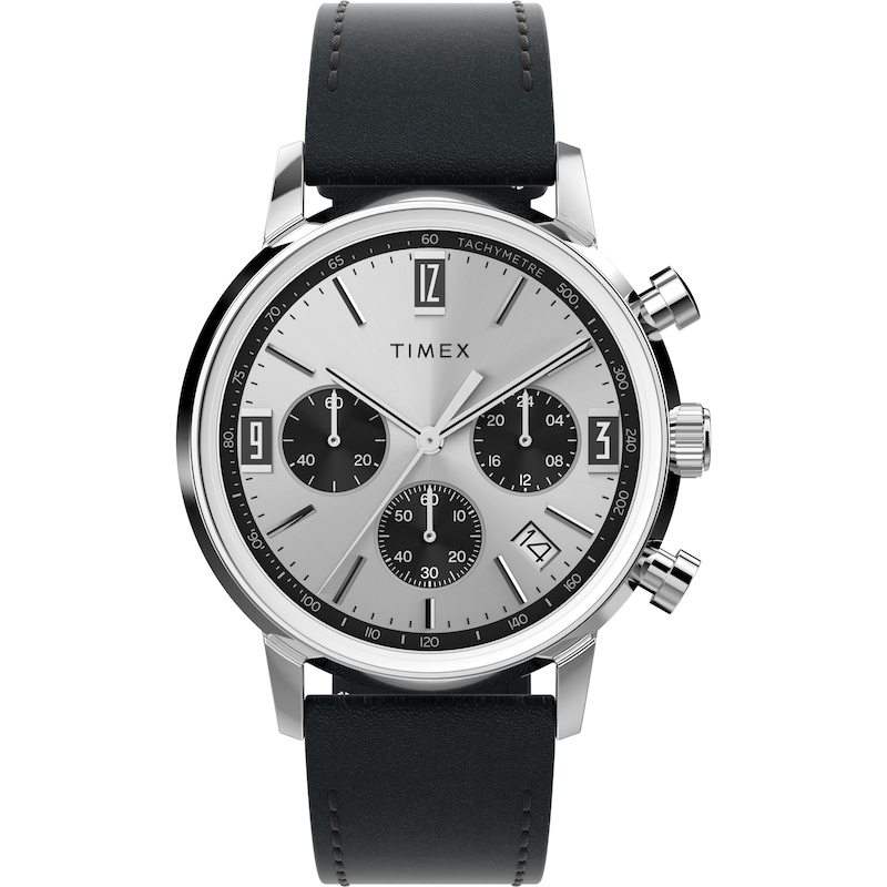 Main Image 1 of Timex Marlin Quartz Chronograph Silver Dial Black Leather Strap Watch