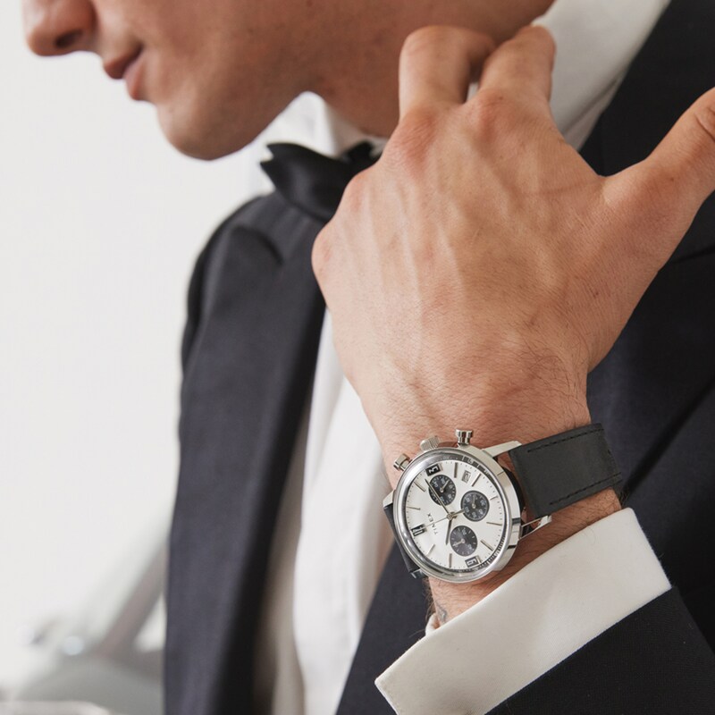Main Image 3 of Timex Marlin Quartz Chronograph Silver Dial Black Leather Strap Watch