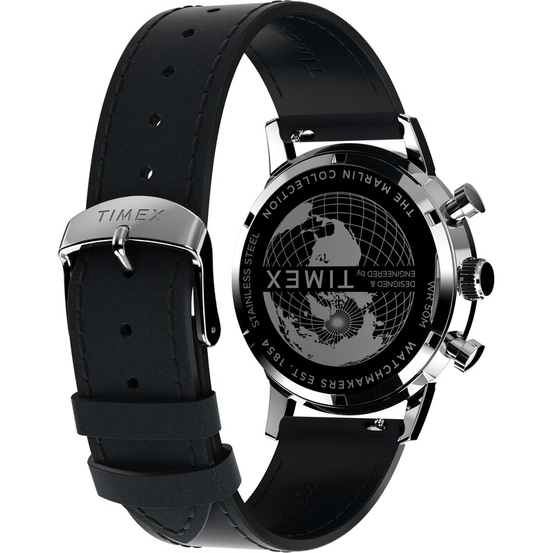 Main Image 9 of Timex Marlin Quartz Chronograph Silver Dial Black Leather Strap Watch