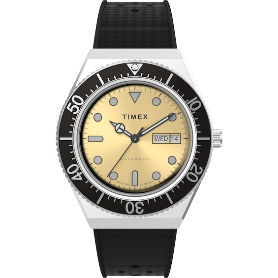 Timex M79 Automatic Amber Tone Dial Black Synthetic Rubber Strap Watch