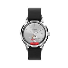 Timex Marlin Automatic Snoopy Flying Ace Black Dial & Black Leather Strap Watch