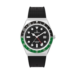 Timex Q GMT Men's Black Dial Green Accented Case & Black Synthetic Rubber Strap Watch