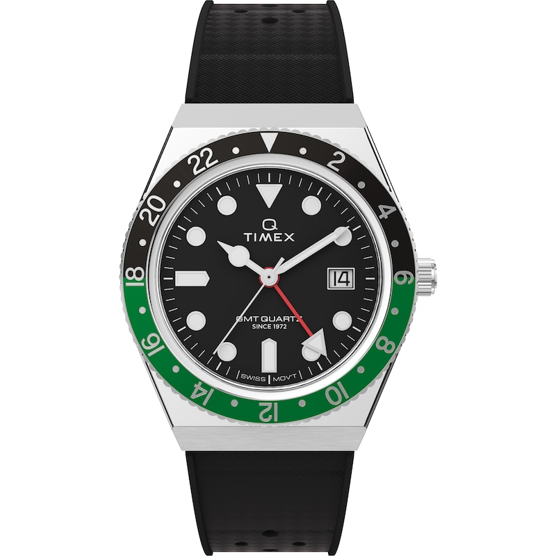 Main Image 1 of Timex Q GMT Men's Black Dial Green Accented Case & Black Synthetic Rubber Strap Watch