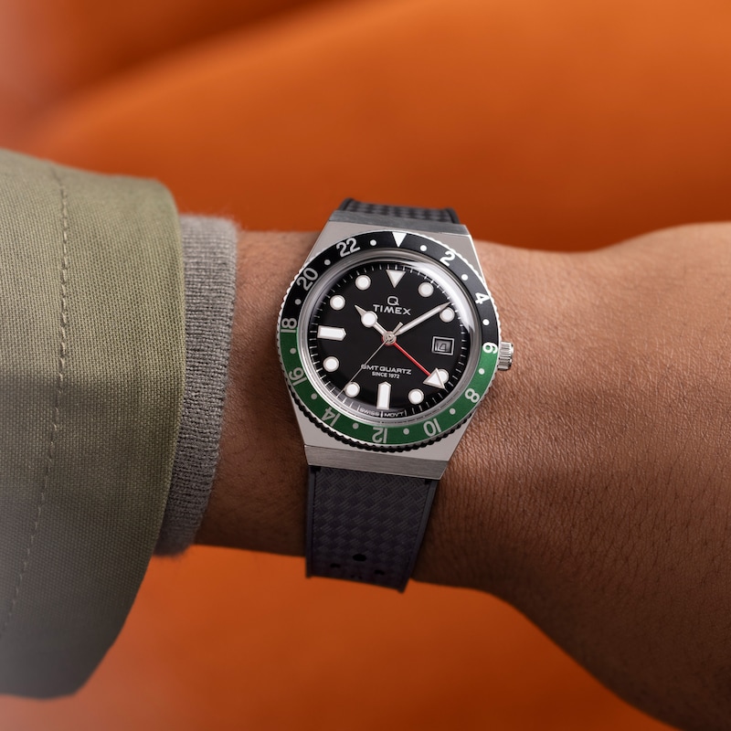Main Image 2 of Timex Q GMT Men's Black Dial Green Accented Case & Black Synthetic Rubber Strap Watch