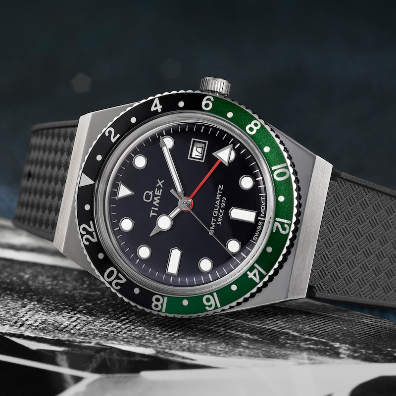 Main Image 3 of Timex Q GMT Men's Black Dial Green Accented Case & Black Synthetic Rubber Strap Watch