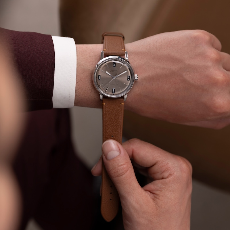 Main Image 4 of Timex Marlin Automatic Light Bronze Dial & Brown Leather Strap Watch