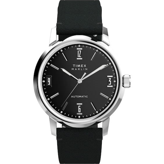 Timex Marlin Automatic Black Dial & Black Leather Strap Watch