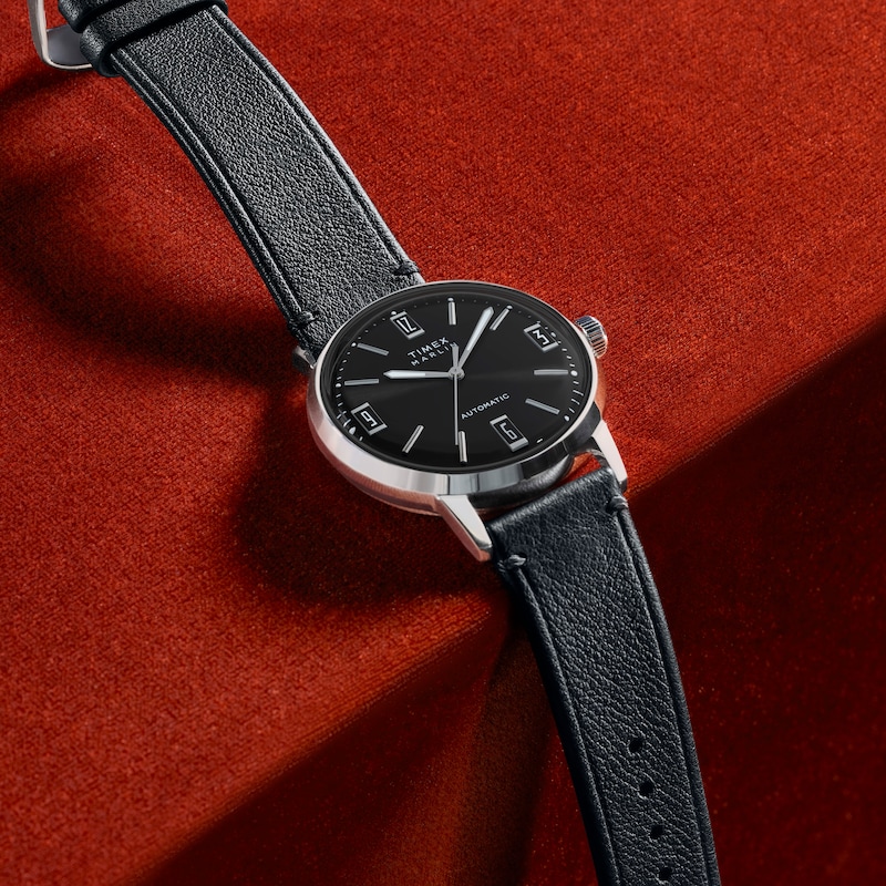 Main Image 3 of Timex Marlin Automatic Black Dial & Black Leather Strap Watch