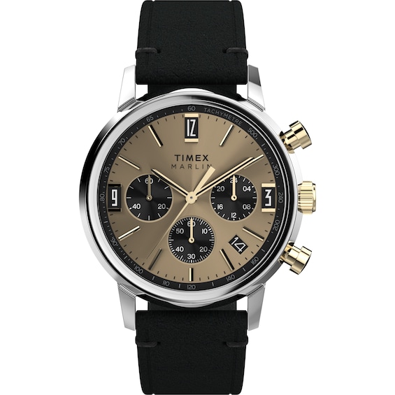 Timex Marlin Quartz Chronograph Champagne Dial & Black Leather Strap Watch