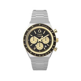 Timex Q Chronograph Black & Gold Tone Dial Stainless Steel Watch