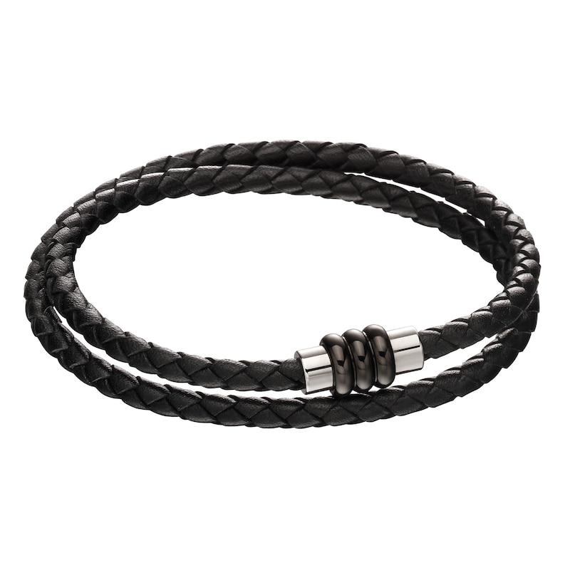 Main Image 1 of Men's Black Leather & Stainless Steel  Double Row Wrap Magnetic Bracelet