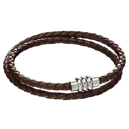 Men's Brown Leather & Stainless Steel  Double Row Wrap Magnetic Bracelet