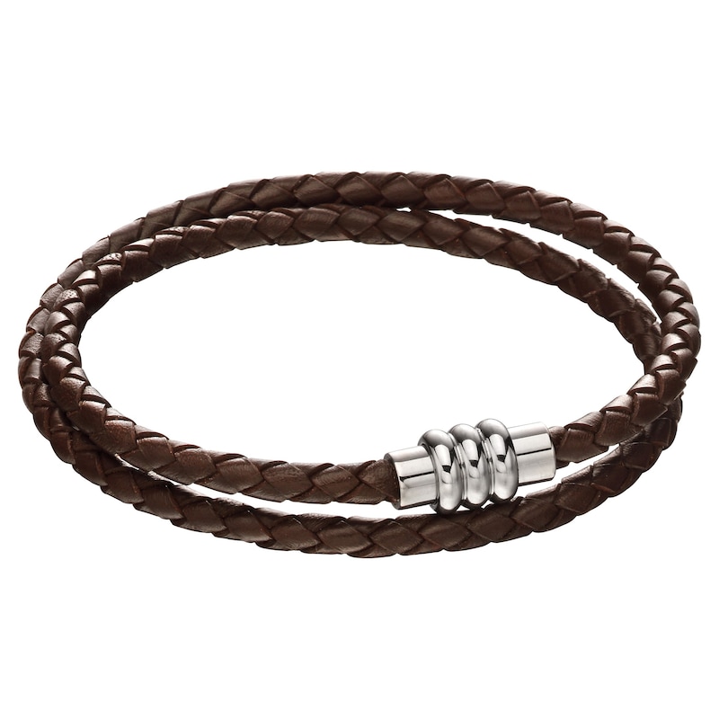 Main Image 1 of Men's Brown Leather & Stainless Steel  Double Row Wrap Magnetic Bracelet