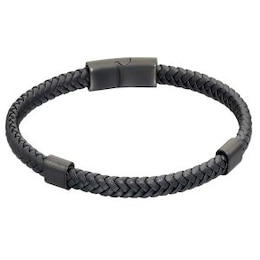 Men's Black Leather Plaited Black IP Station Magnetic Clasp Bracelet