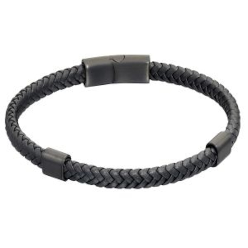 Main Image 1 of Men's Black Leather Plaited Black IP Station Magnetic Clasp Bracelet