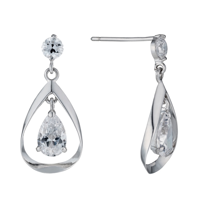 9ct White Gold Double Cubic Zirconia Drop Earrings