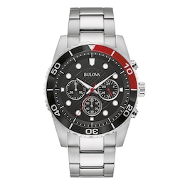 Bulova Men's Classic Black & Red Rotating Bezel Brushed Stainless Steel Bracelet Watch