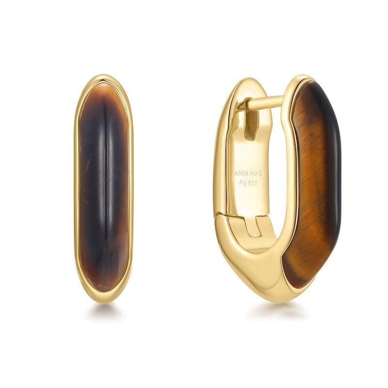 Main Image 1 of Ania Haie Women's Yellow Gold Plate Tiger Eye Huggie Hoop Earrings