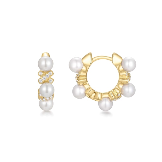 Ania Haie Womens Yellow Gold Plated Sparkling Cultured Freshwater Pearl Huggie Hoop Earrings