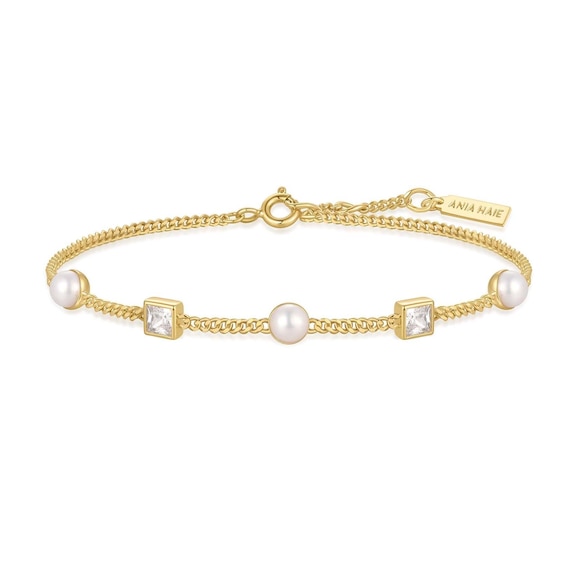 Ania Haie Womens Yellow Gold Plate Bezel-Set Cube and Pearl Station Bracelet