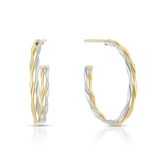 9ct Yellow and White Gold Two Row Wave Hoop Earrings