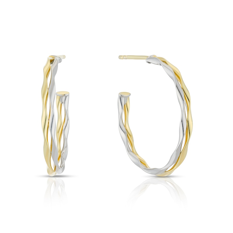 Main Image 1 of 9ct Yellow & White Gold Two Row Wave Hoop Earrings