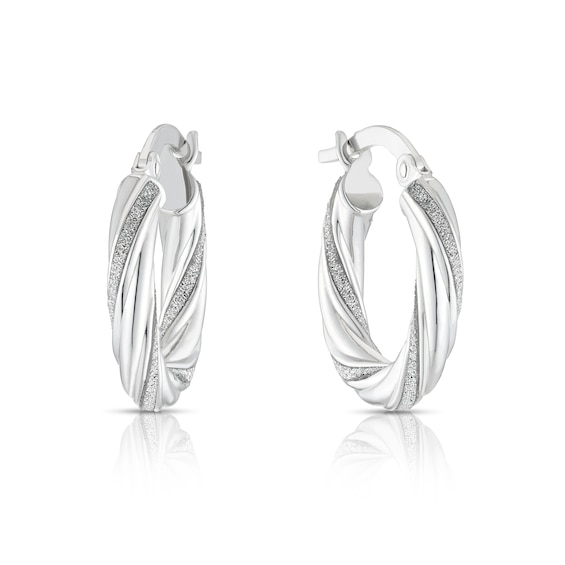 9ct White Gold Glitter Twist 10mm Hoop Earrings
