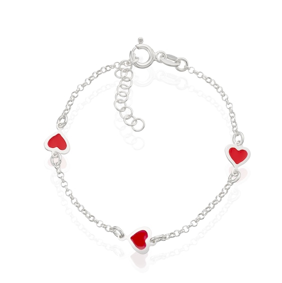 Children's Sterling Silver Red Enamel Heart Station Bracelet