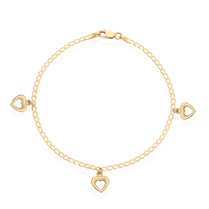 Main Image 1 of 9ct Yellow Gold Heart Charm Curb Chain Bracelet