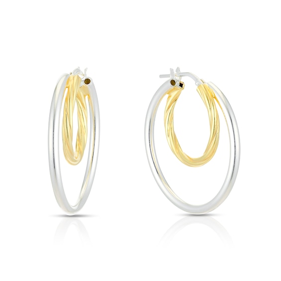 Sterling Silver & Yellow Gold Plated Inset Double Hoop Earrings