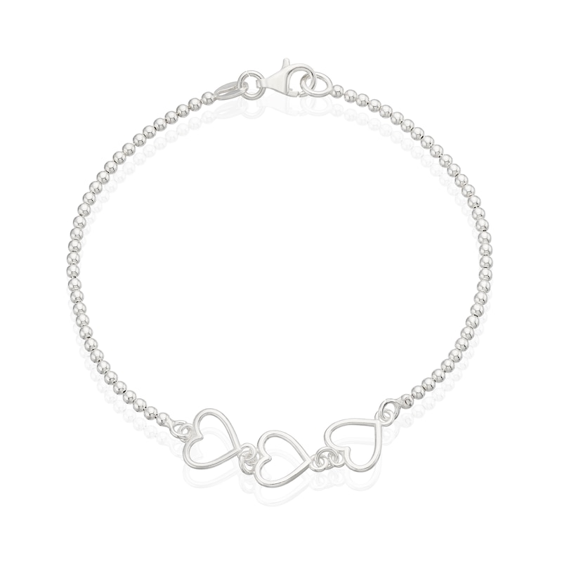 Main Image 1 of Sterling Silver Beaded Heart Charm Bracelet 7.5"