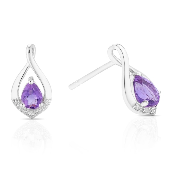 Sterling Silver Diamond and Pear Amethyst Drop Earrings