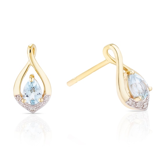 9ct Yellow Gold Diamond and Pear Aquamarine Drop Earrings