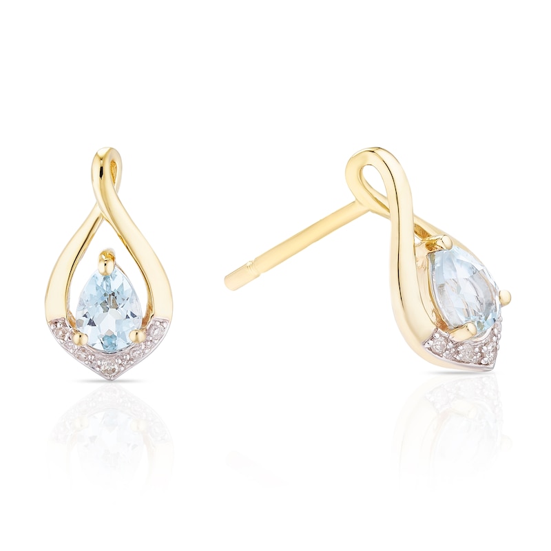 Main Image 1 of 9ct Yellow Gold Diamond & Pear Aquamarine Drop Earrings