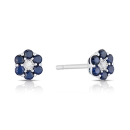 Sterling Silver Diamond & Round Sapphire Stud Earrings