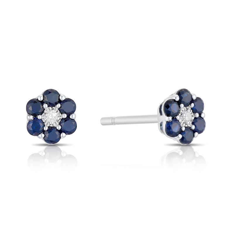 Main Image 1 of Sterling Silver Diamond & Round Sapphire Stud Earrings