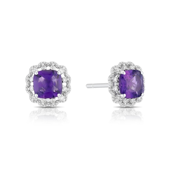 Sterling Silver Diamond and Cushion Amethyst Stud Earrings