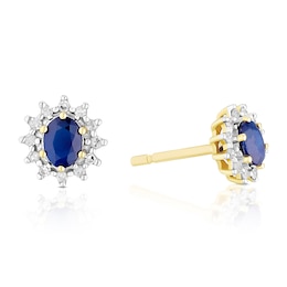 9ct Yellow Gold Diamond & Oval Sapphire Stud Earrings